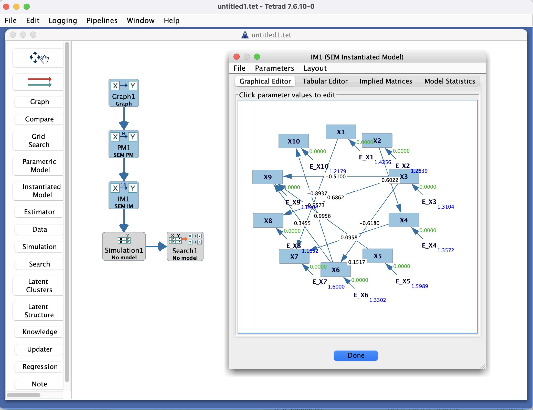 Instantiated Model Box in the Tetrad interface.