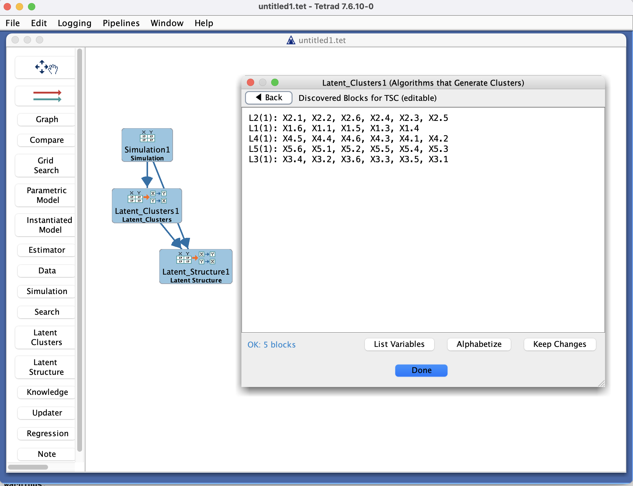 Latent Clusters Box in the Tetrad interface.