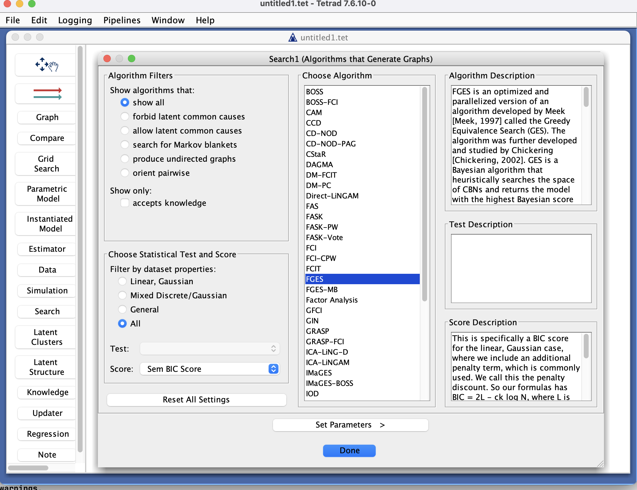 Search Box in the Tetrad interface.